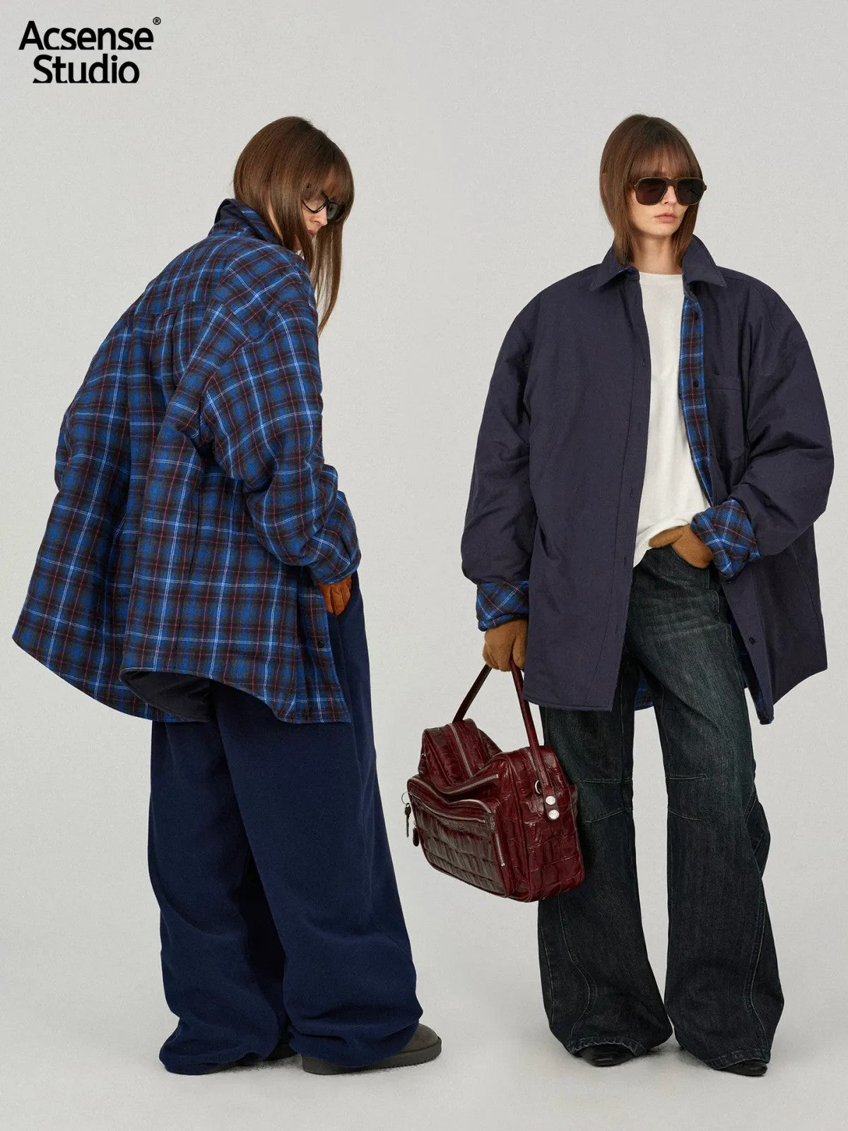 Acsense Studio Reversible Padded Plaid Shirt Jacket in Blue - On Model