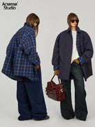 Acsense Studio Reversible Padded Plaid Shirt Jacket in Blue - On Model