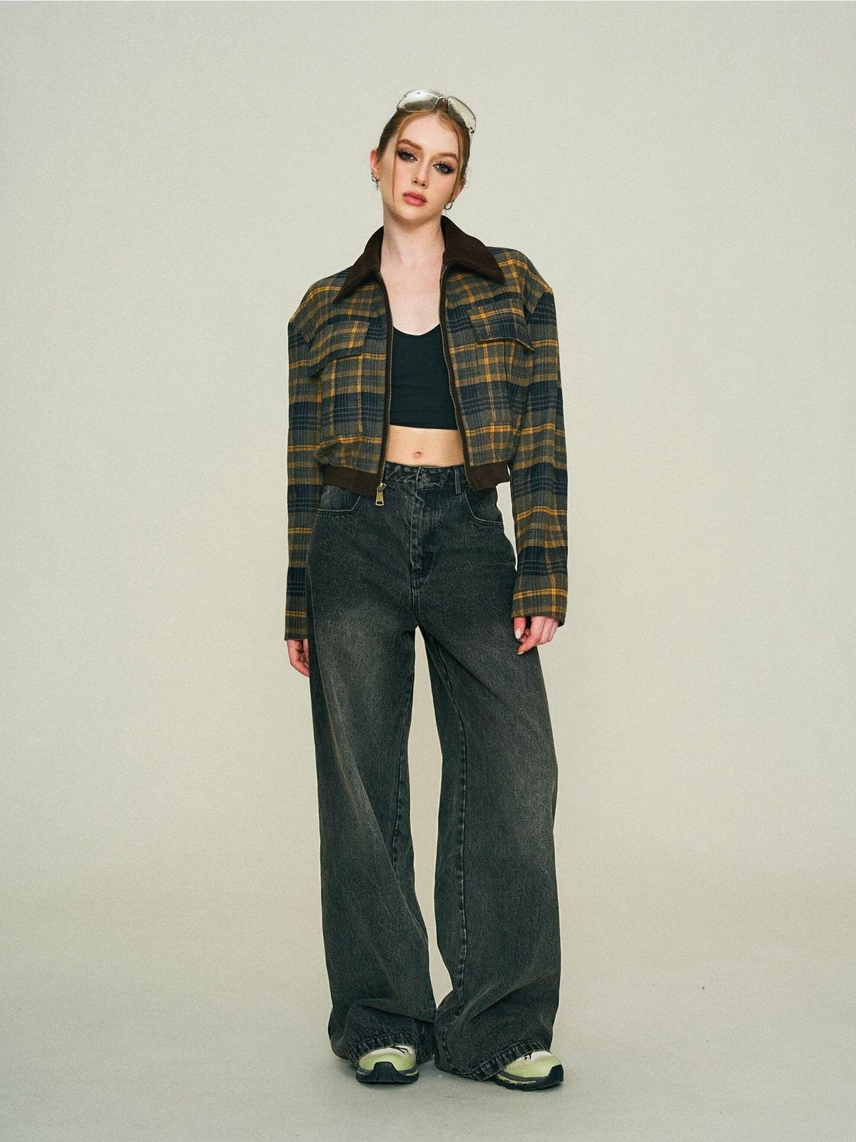 Amee Vintage Plaid Cropped Jacket in Brown - On Model