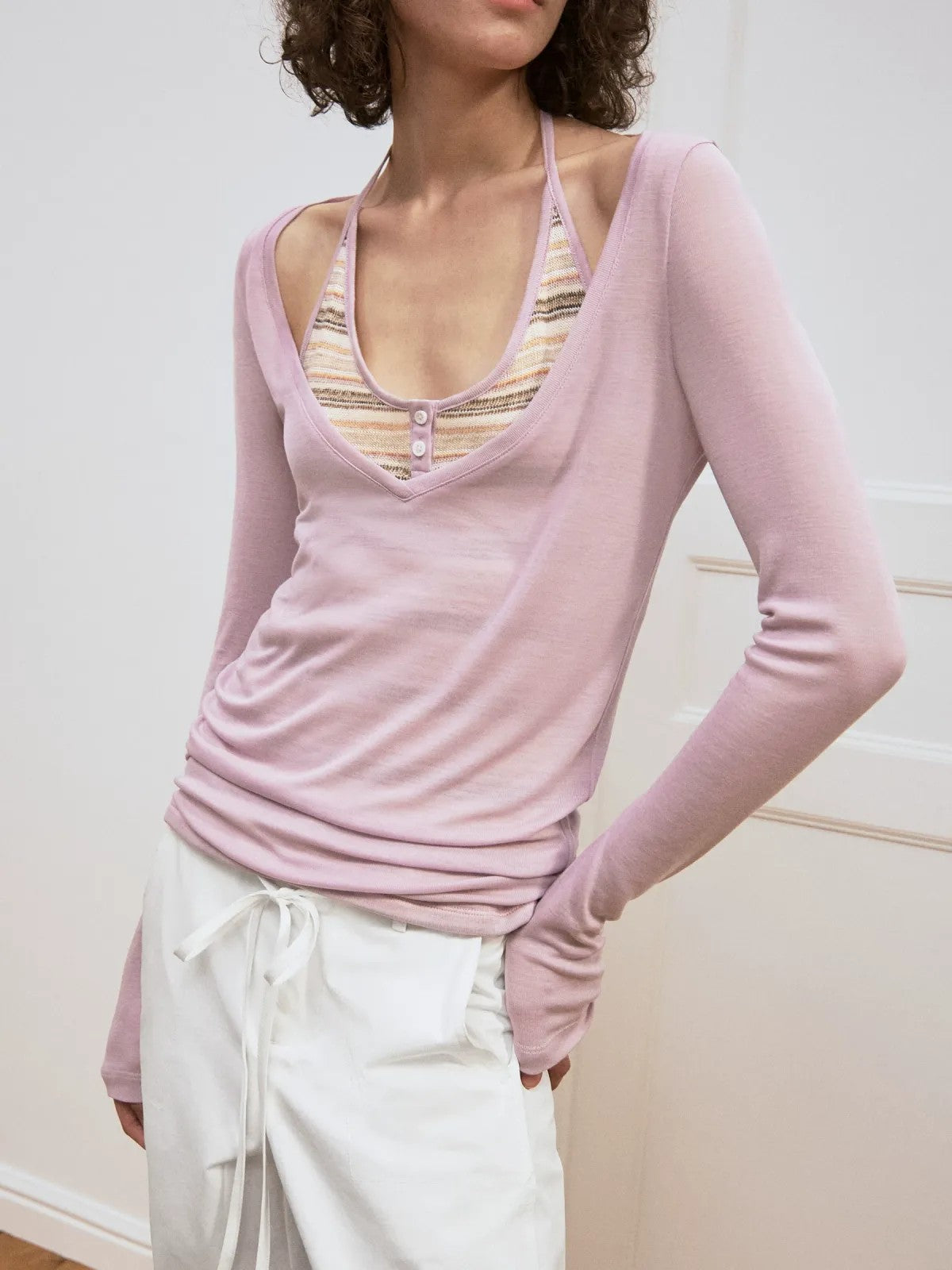 PUKI Mock Layered Striped Top in Lavender - On Model
