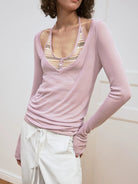 PUKI Mock Layered Striped Top in Lavender - On Model