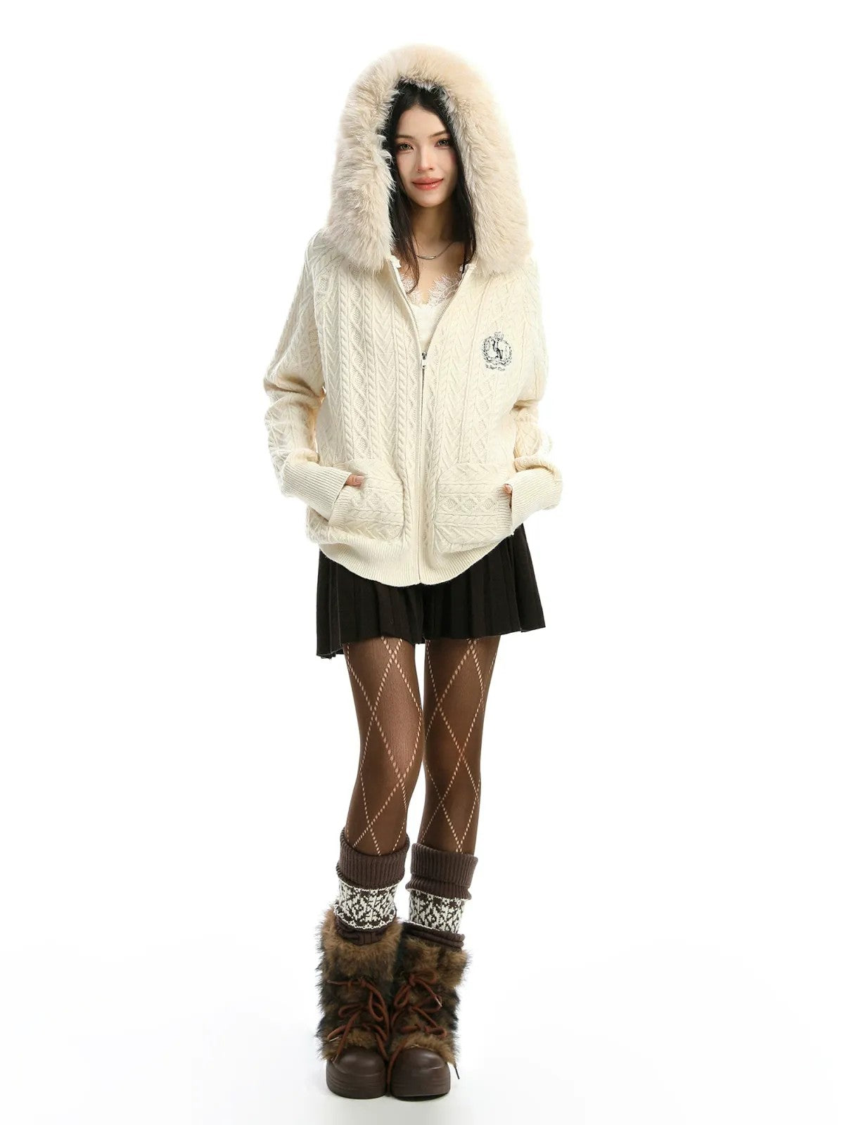 BIGGOLD STUDIO Fur Trimmed Cable Knit Zip Hoodie in White - On Model