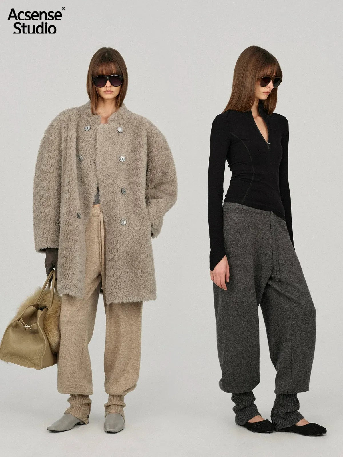 ACSENSE STUDIO Ribbed Cuff Wool Blend Knit Pants in Beige - On Model