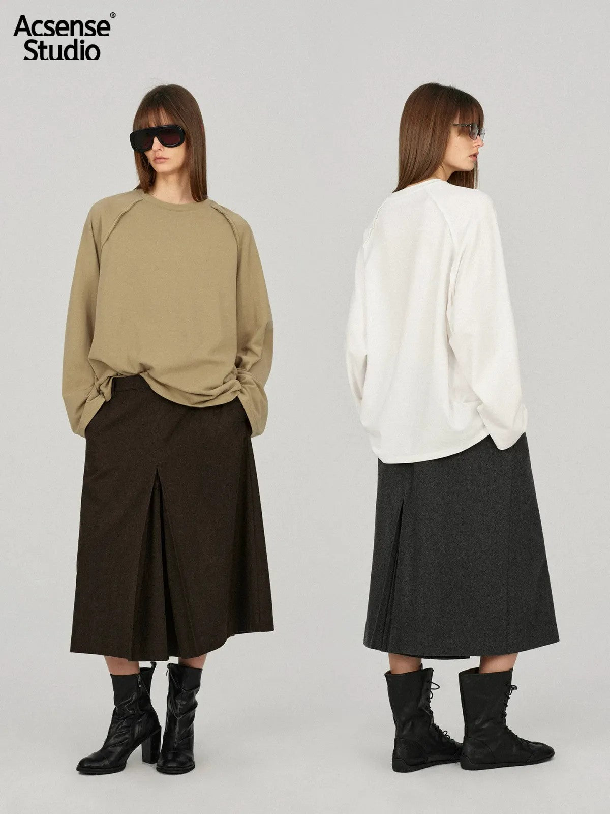 ACSENSE STUDIO Raw Edge Plush Long Sleeve in Beige - On Model