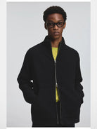 NANS Ribbed Merino Wool Zip Cardigan in Black - On Model