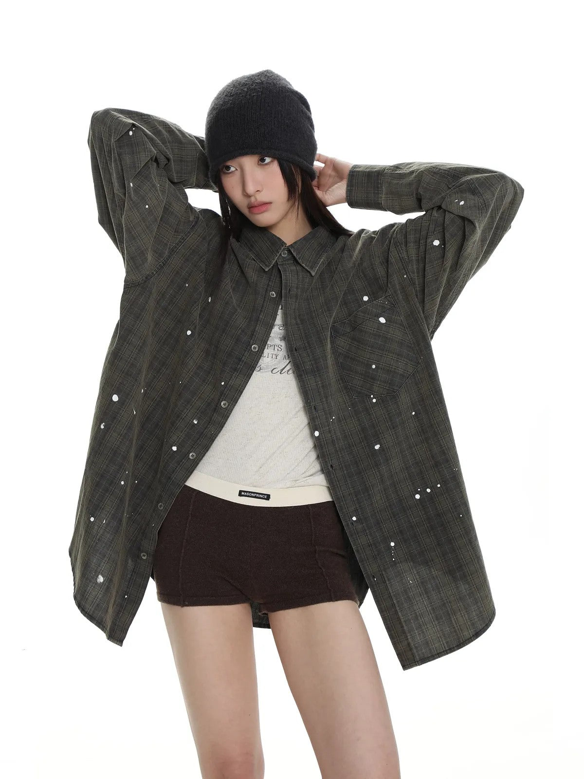 MASONPRINCE Ink Splatter Plaid Shirt in Green - On Model