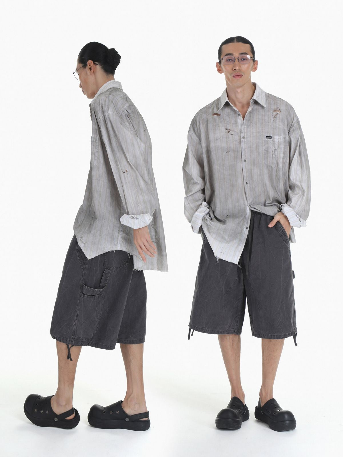 MASONPRINCE Distressed Dirty Wash Striped Shirt in White - On Model