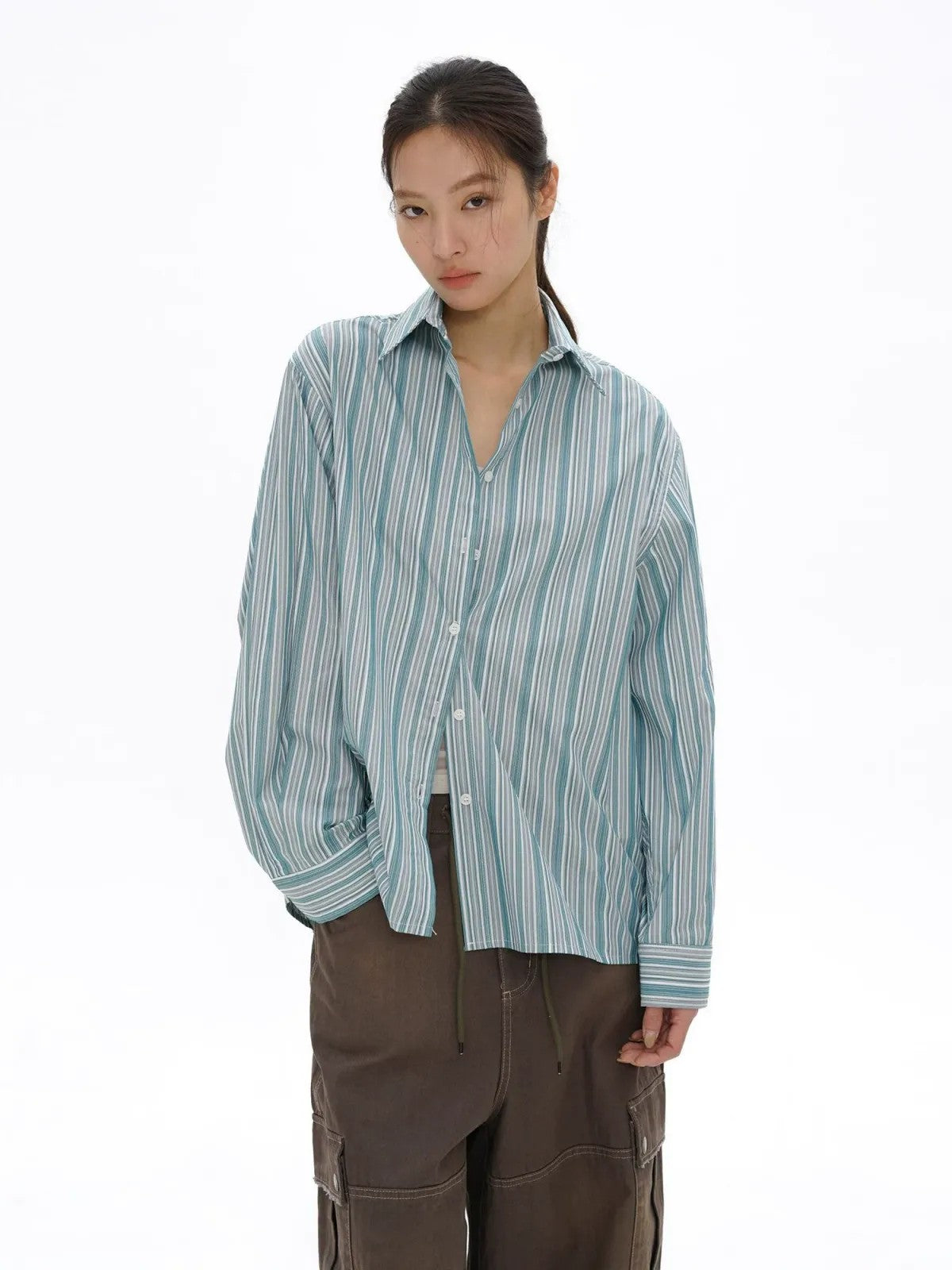 MASONPRINCE Retro Striped Cotton Shirt in Teal - On Model