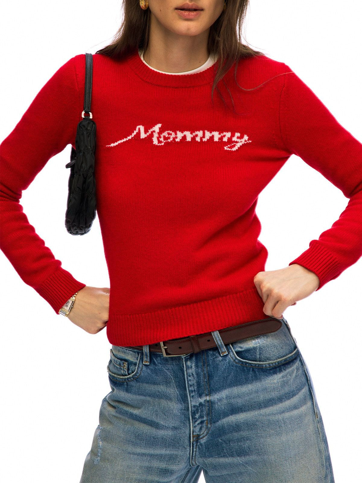 Alright Then Script Jacquard Lambswool Sweater in Red - On Model