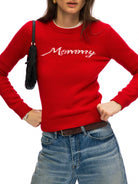 Alright Then Script Jacquard Lambswool Sweater in Red - On Model