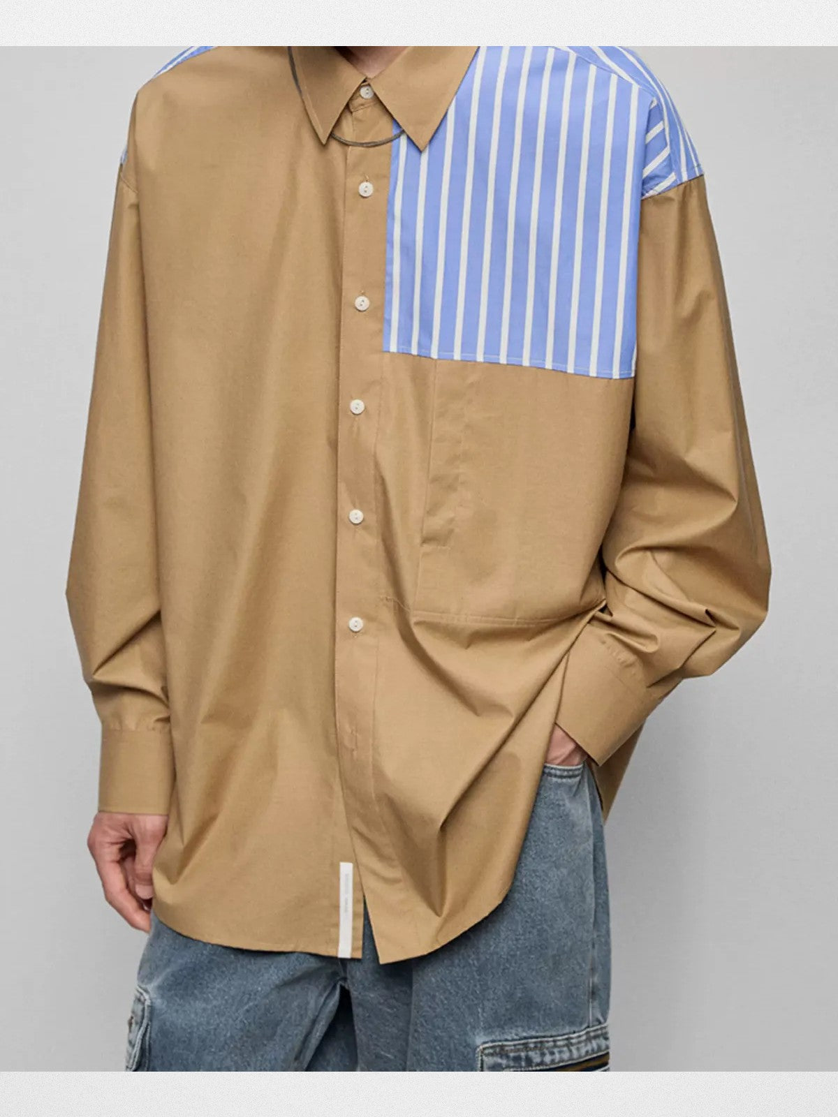 NANS Contrast Panel Oversized Cotton Shirt in Beige - On Model