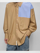 NANS Contrast Panel Oversized Cotton Shirt in Beige - On Model