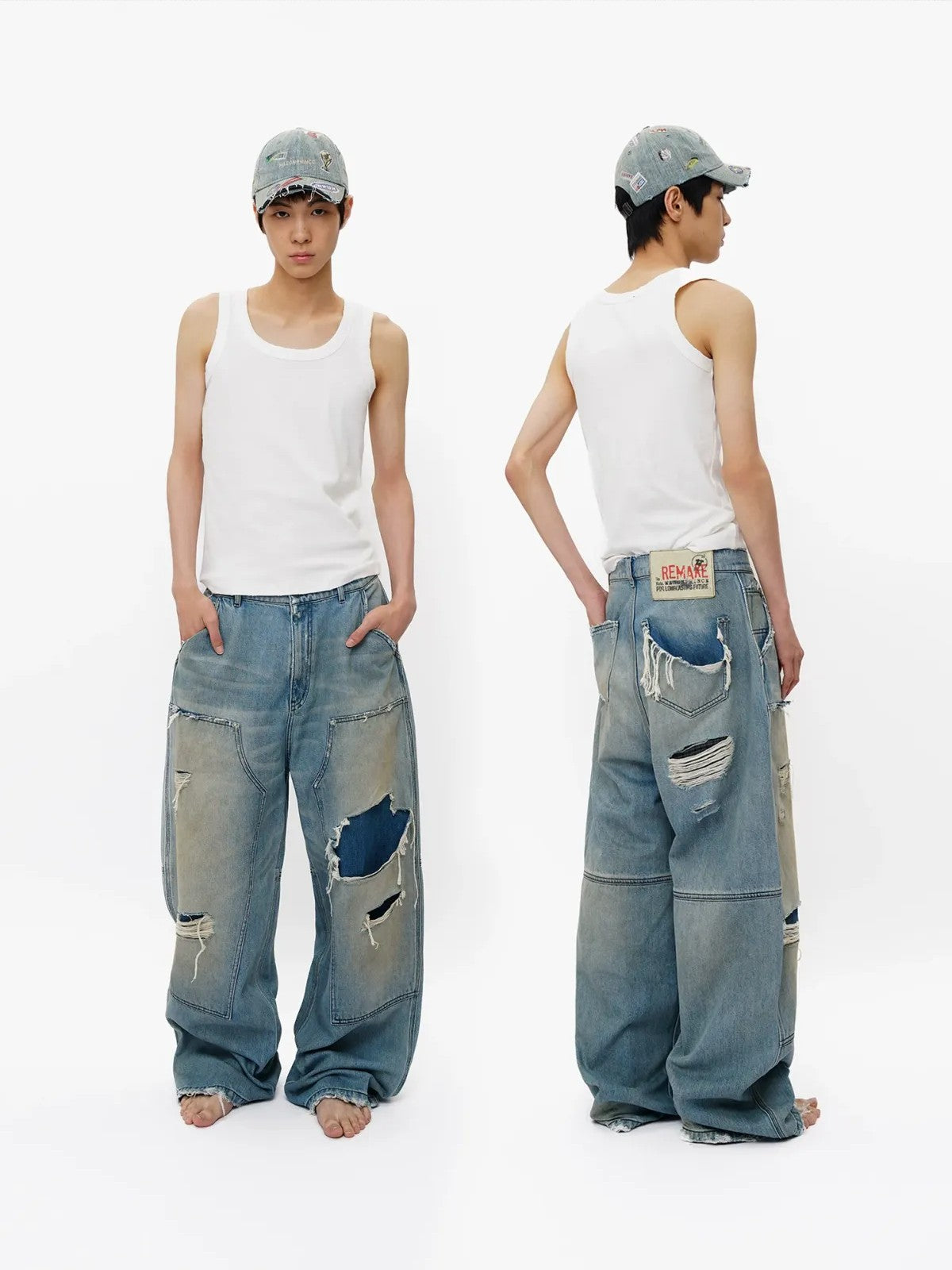 MASONPRINCE Distressed Coarse Weave Jeans in Denim - On Model