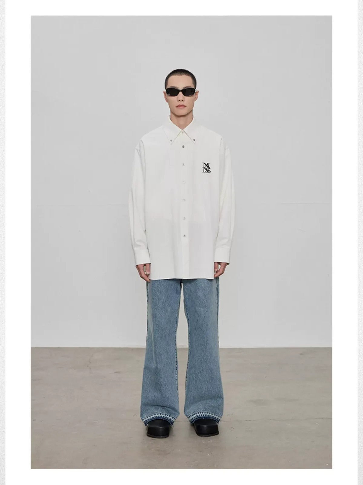 NANS Distressed 14oz Micro Flare Jeans in Denim - On Model