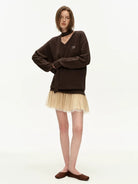 PUKI Faux Two Piece Knit Tulle Dress in Brown - On Model