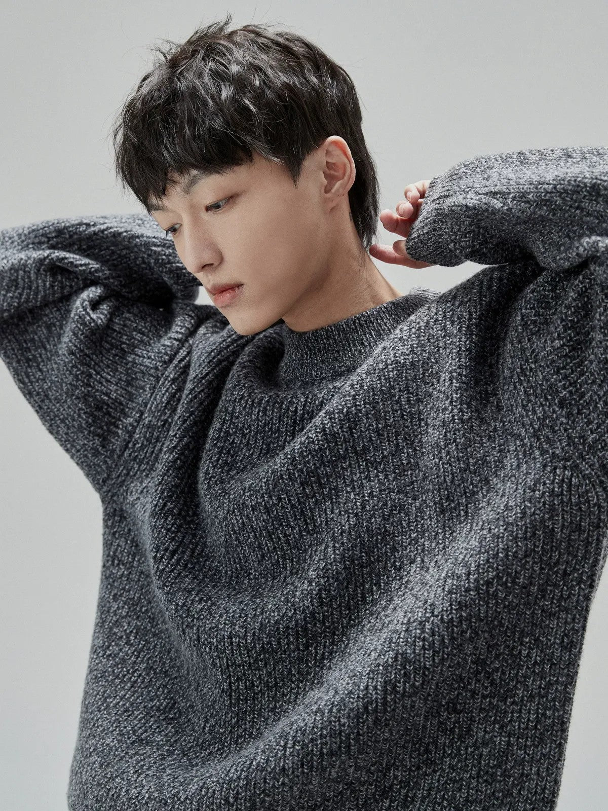 NANS Heavyweight Oversized Merino Crewneck in Gray - On Model