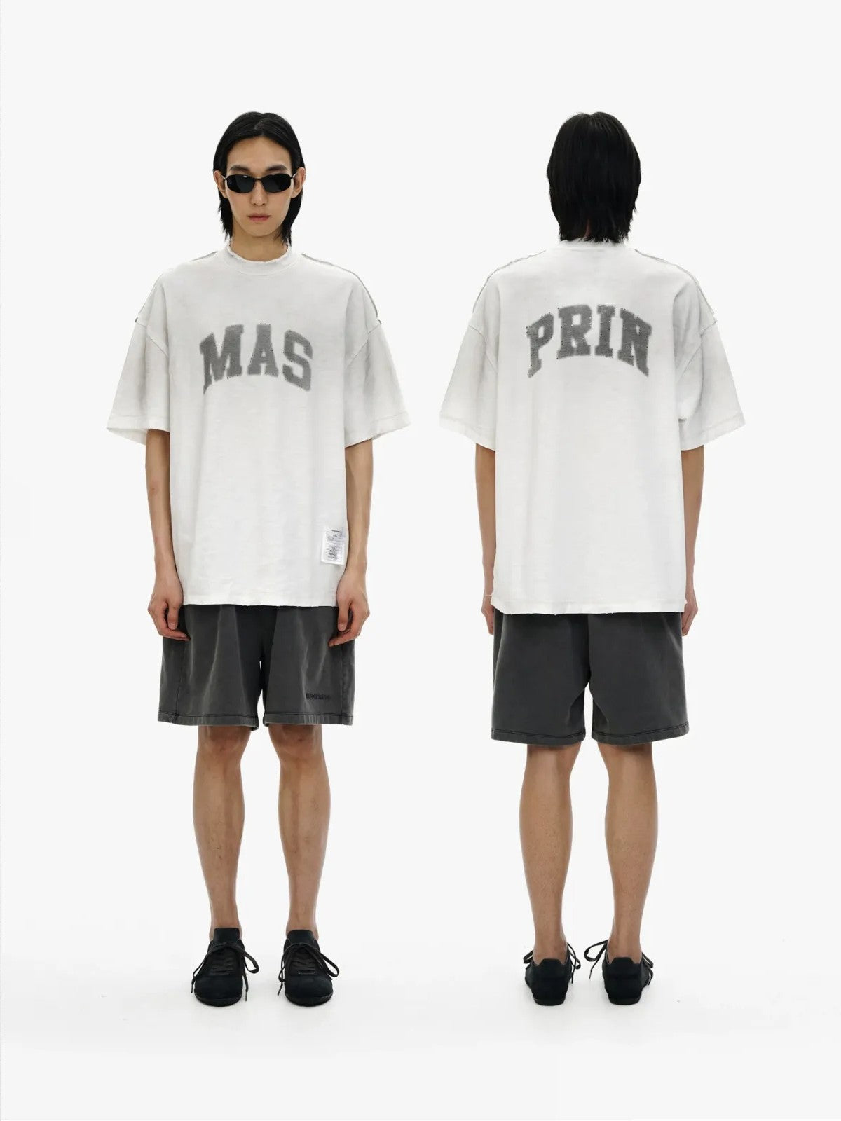 MASONPRINCE Distressed Graphic Cotton T Shirt in White - On Model