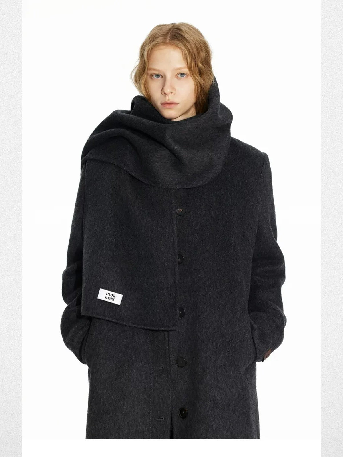 PUKI Double Faced Wool Scarf Coat in Gray - On Model