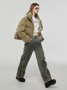 Amee Duck Down Stand Collar Puffer in Green - On Model