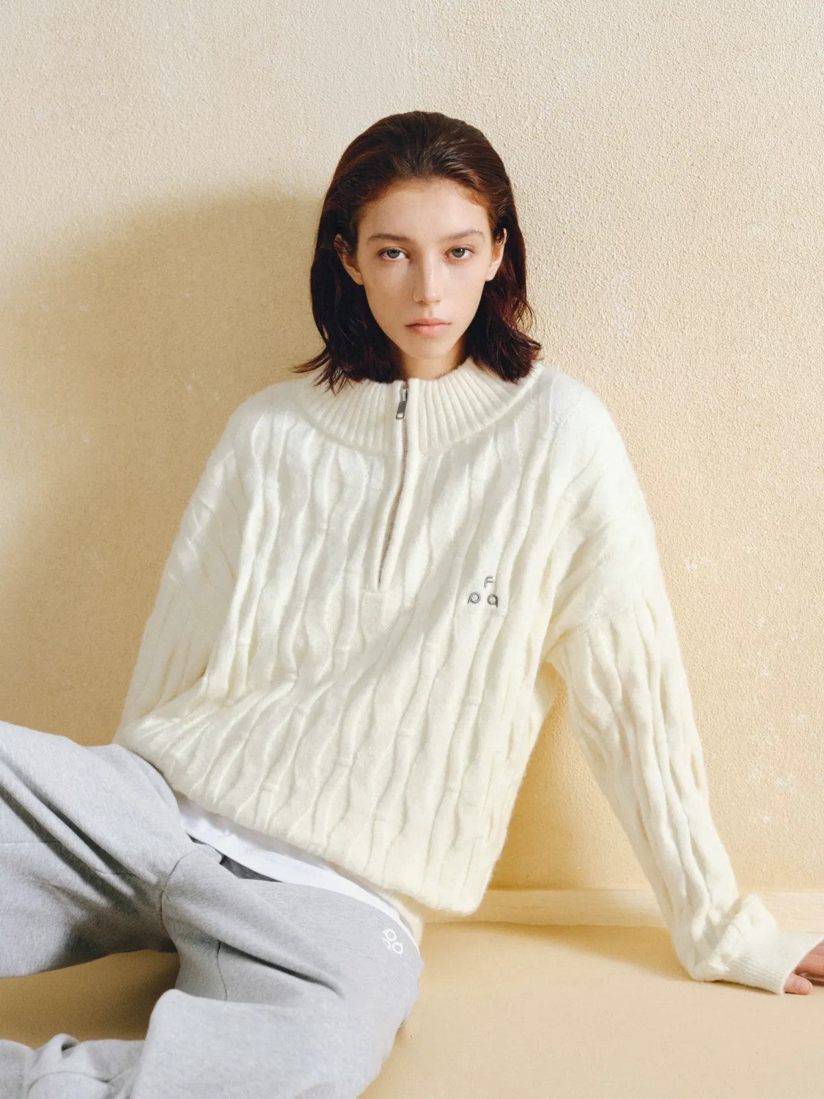FPA Half Zip Cable Knit Pullover in Cream - Lifestyle