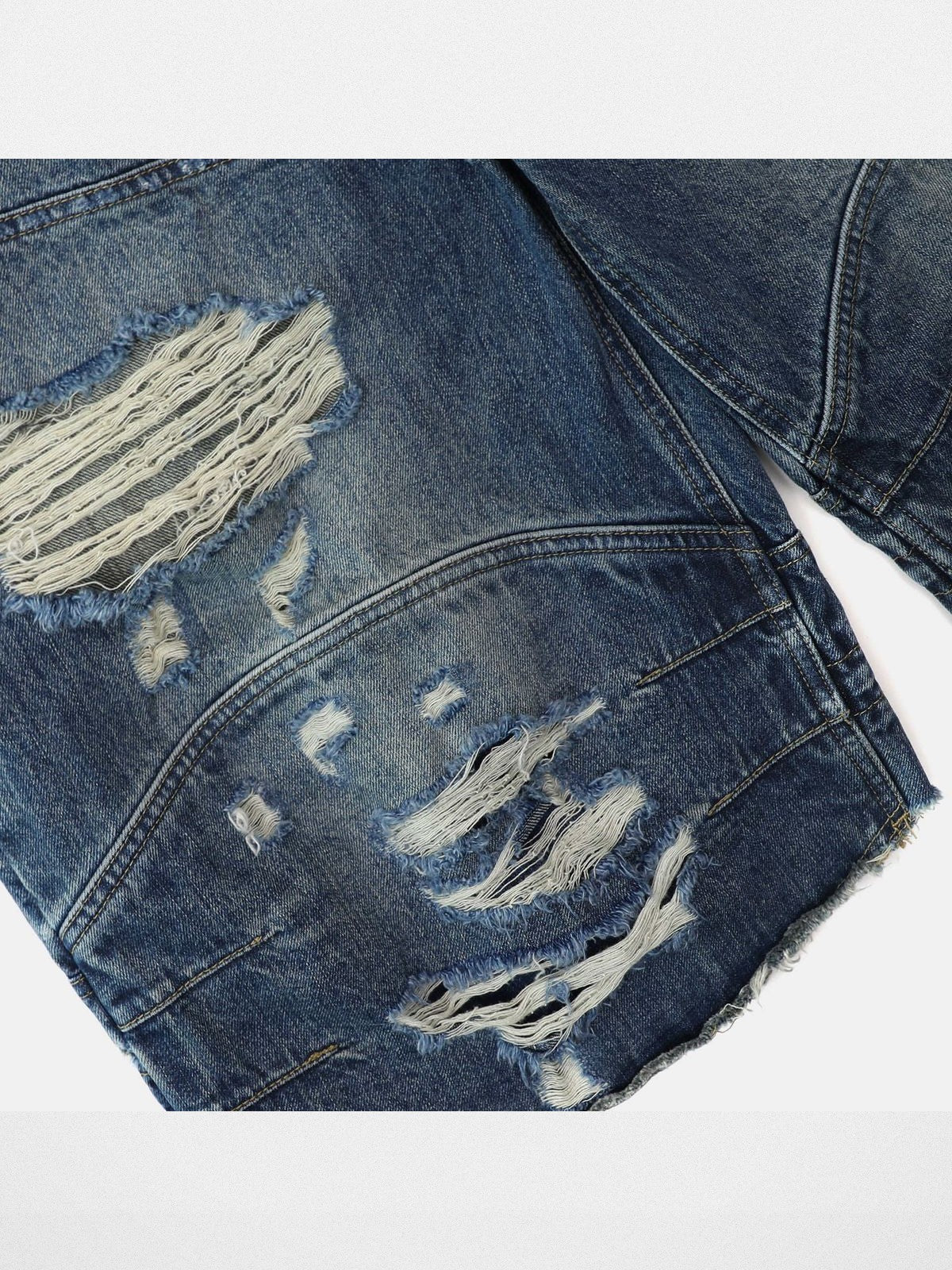 BADSEED Distressed Denim Bermuda Shorts in Medium Blue - Detail