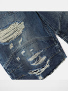 BADSEED Distressed Denim Bermuda Shorts in Medium Blue - Detail