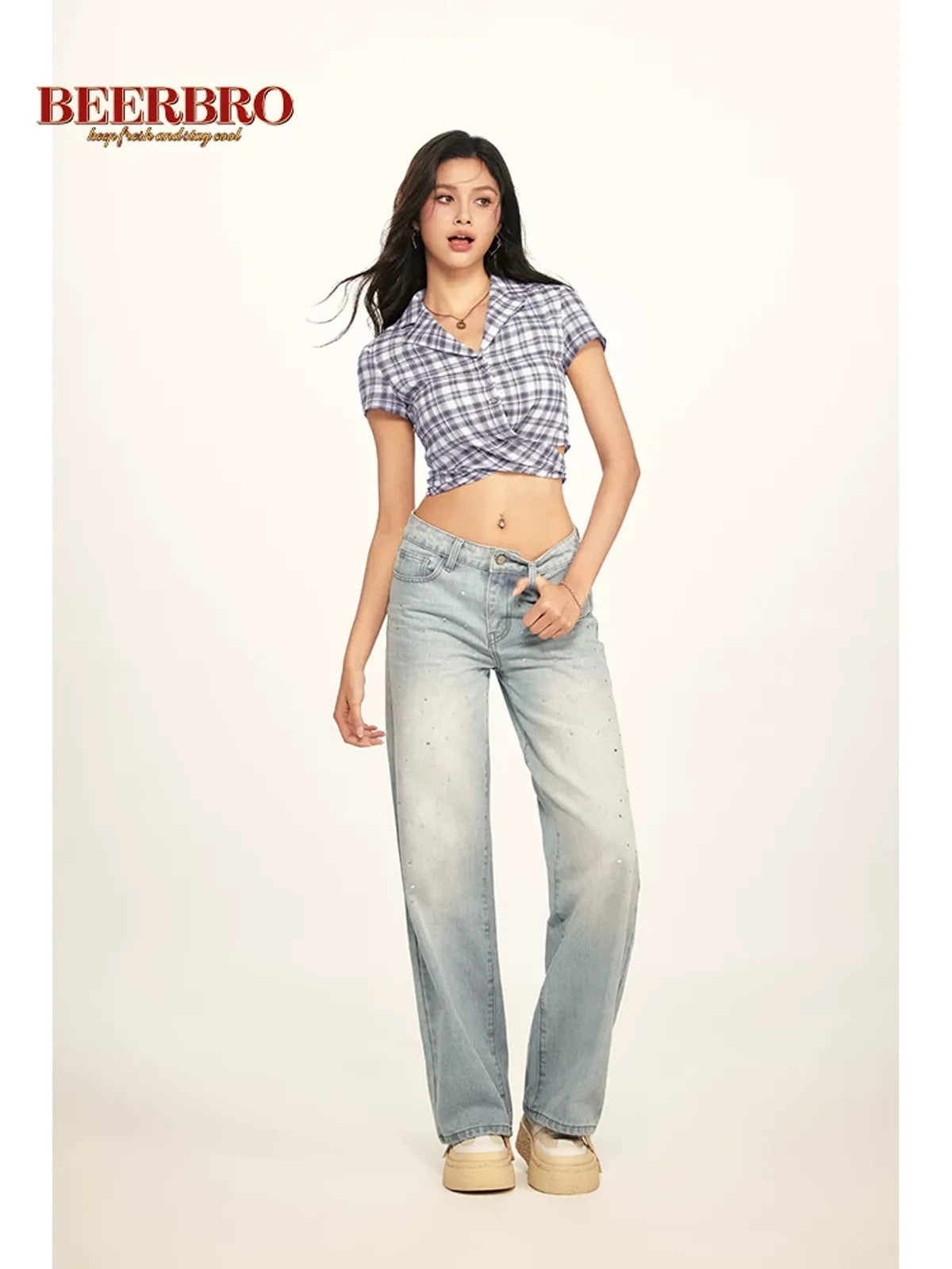 BeerBro Plaid Cross Front Crop Shirt in Lavender - On Model