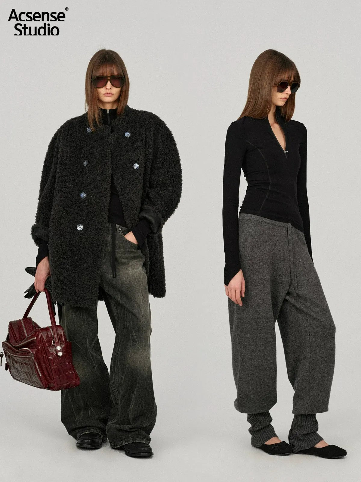 ACSENSE STUDIO High Neck Half Zip Top in Black - On Model