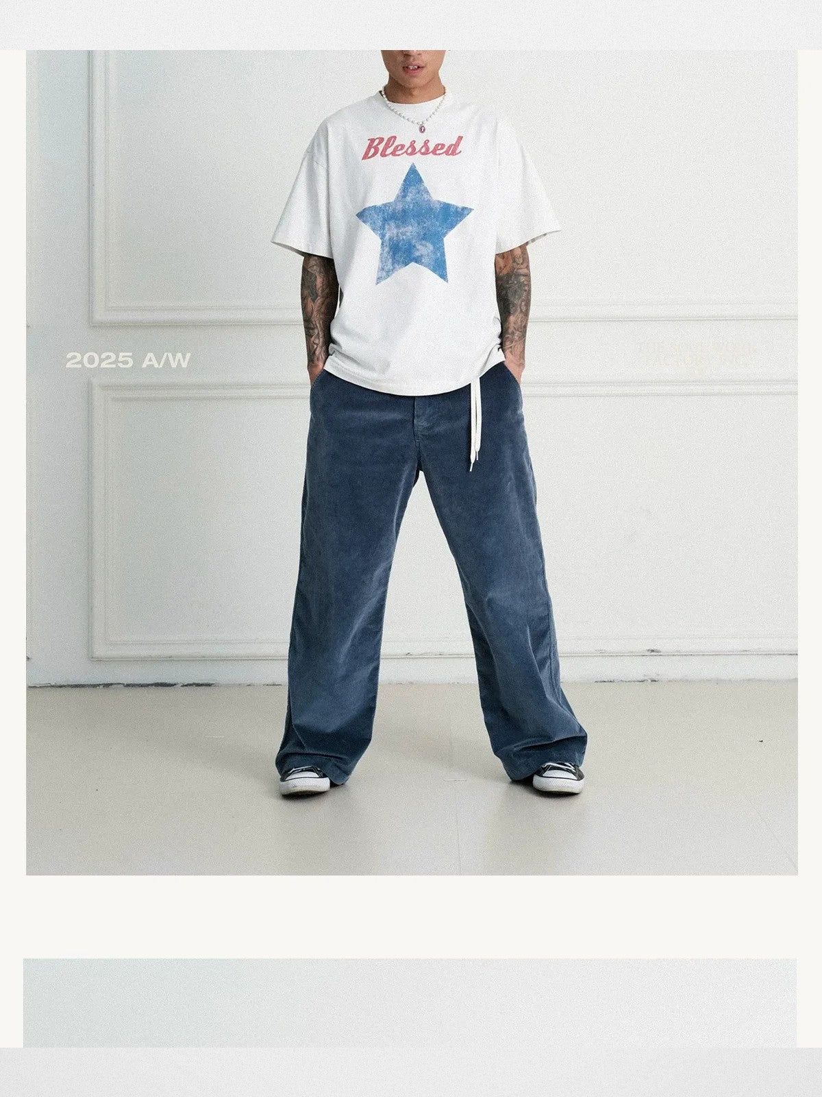 SWFI Far East Distressed Blue Corduroy Work Pants in Blue - On Model