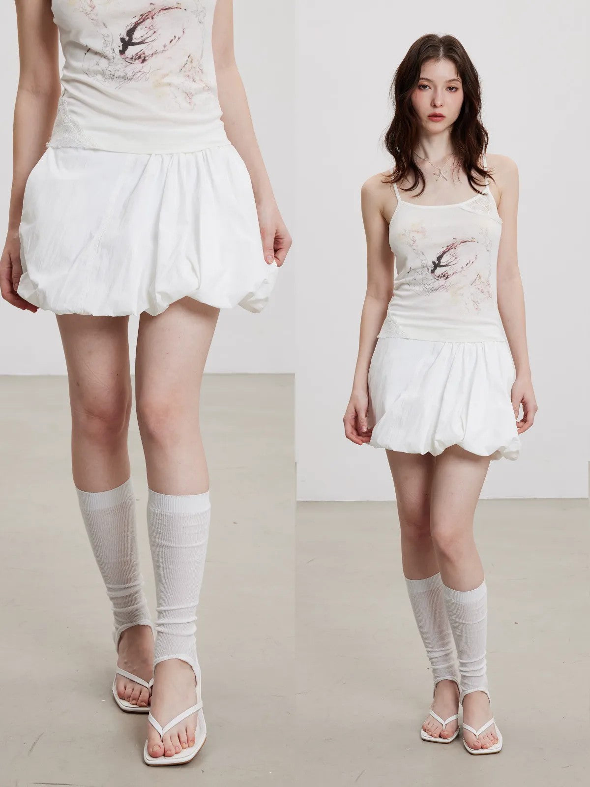 THELIGHT OFFICIAL Elastic Waist Bubble Mini Skirt in White - On Model