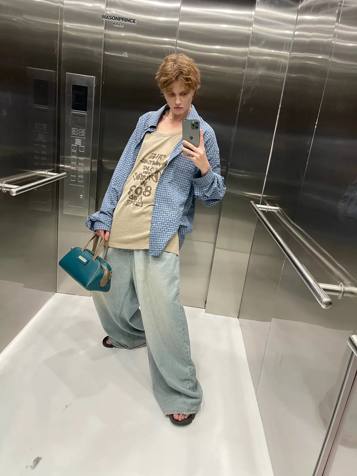 MASONPRINCE Oversized Plaid Shirt in Blue - On Model