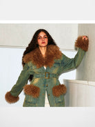 Amee Belted Distressed Denim Faux Fur Coat in Green - On Model