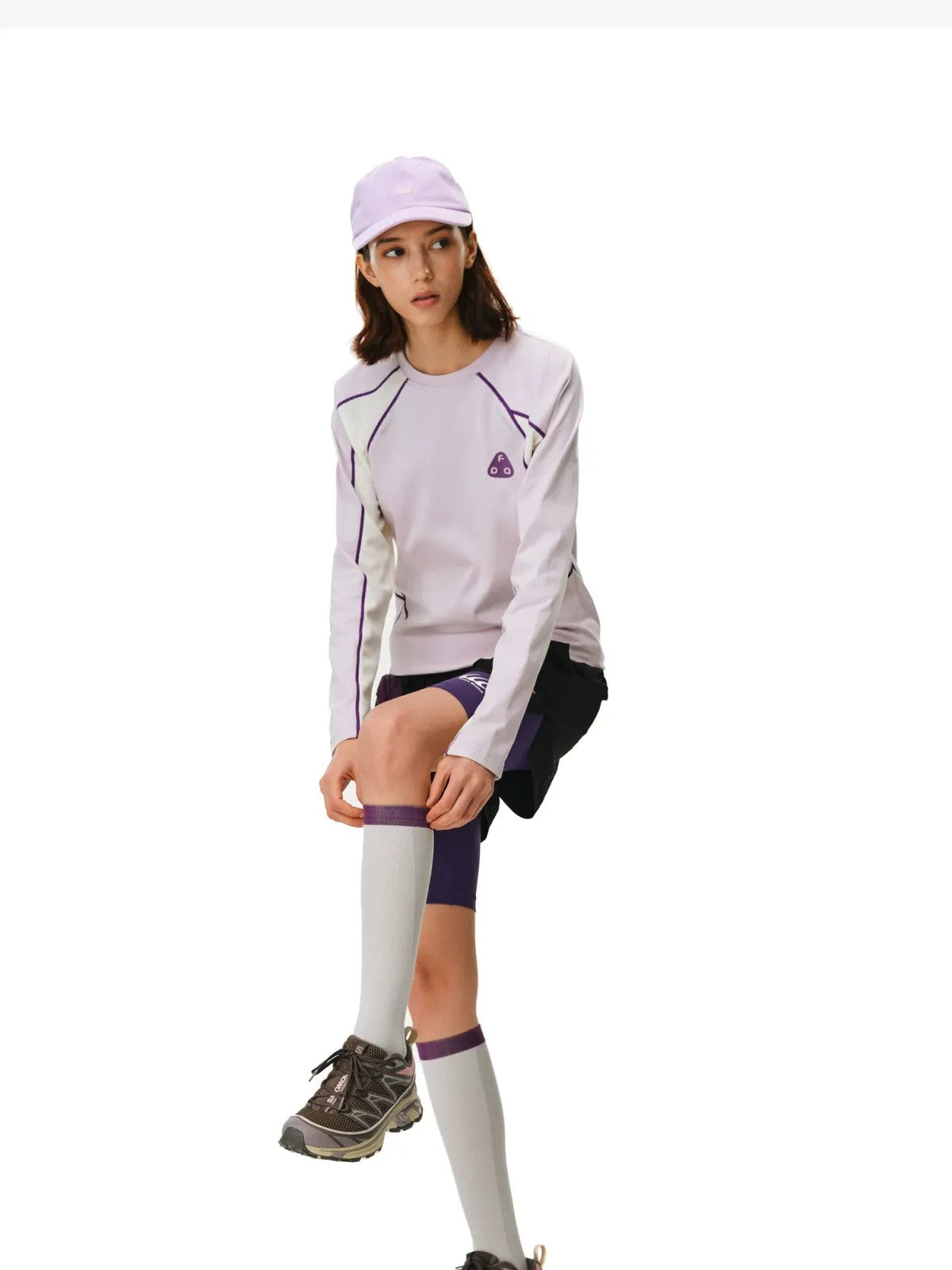 FPA Panelled Color Block Long Sleeve Tee in Lavender - On Model