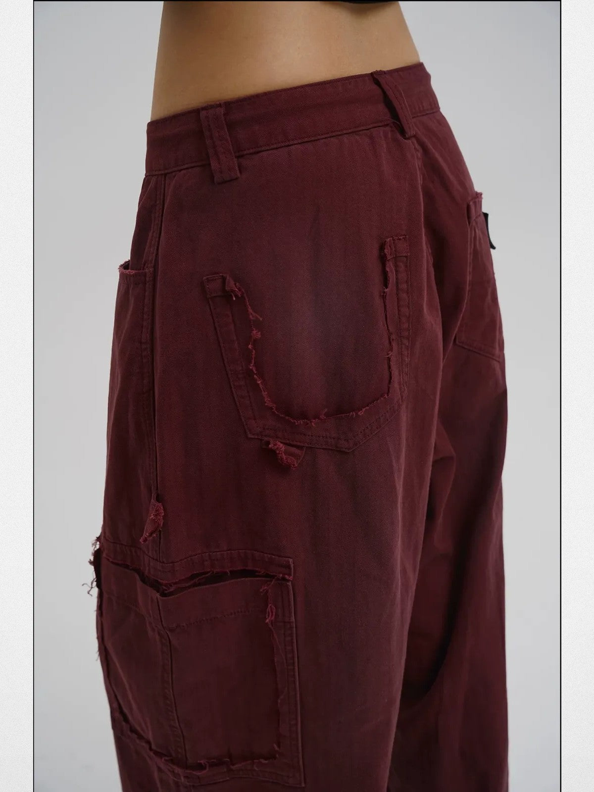MASONPRINCE Distressed Wide Leg Cargo Pants in Burgundy - On Model