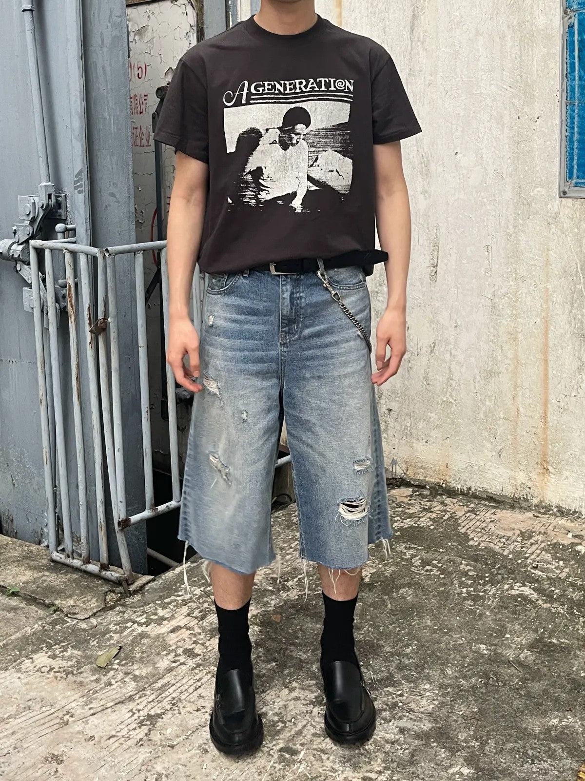 AFterTaste Heavy Distressed Long Denim Shorts in Denim - On Model