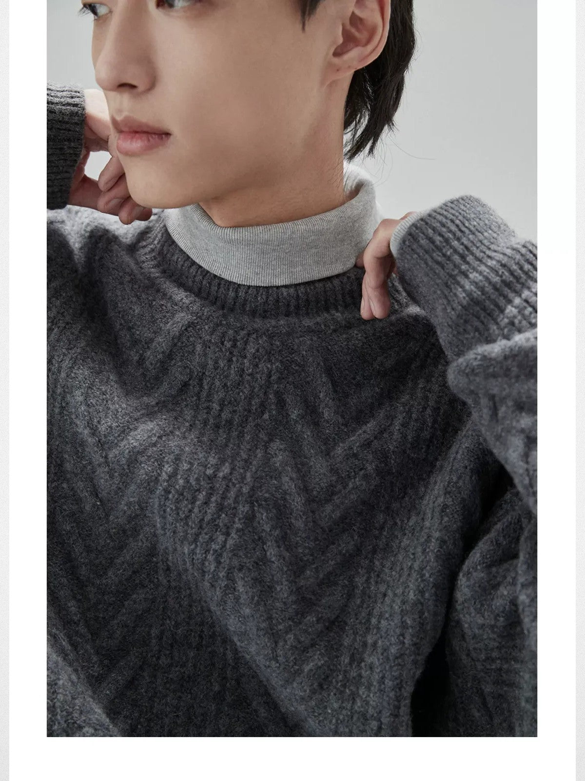 NANS Yak Wool Blend Cable Knit Sweater in Gray - On Model