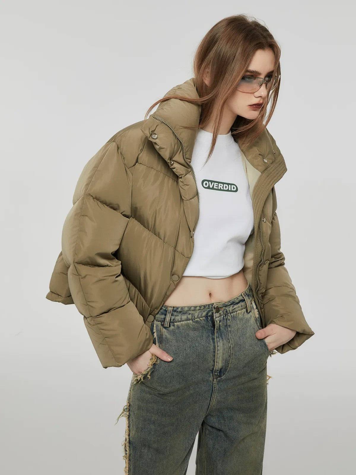 Amee Duck Down Stand Collar Puffer in Green - On Model