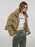 Amee Duck Down Stand Collar Puffer in Green - On Model