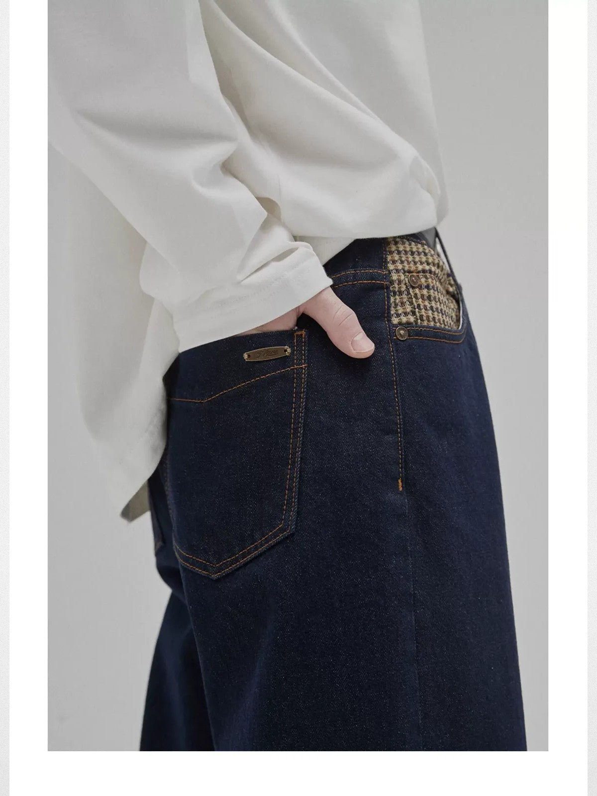 NANS 12oz Plaid Patchwork Straight Jeans in Denim - On Model