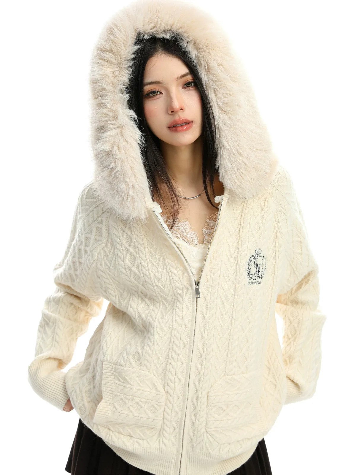 BIGGOLD STUDIO Fur Trimmed Cable Knit Zip Hoodie in White - On Model