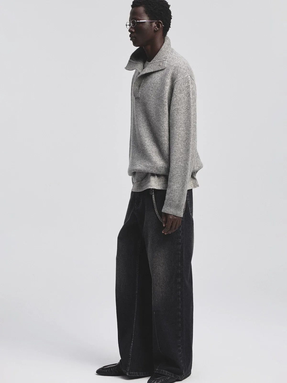 NANS Cashmere Blend High Collar Knit in Gray - On Model