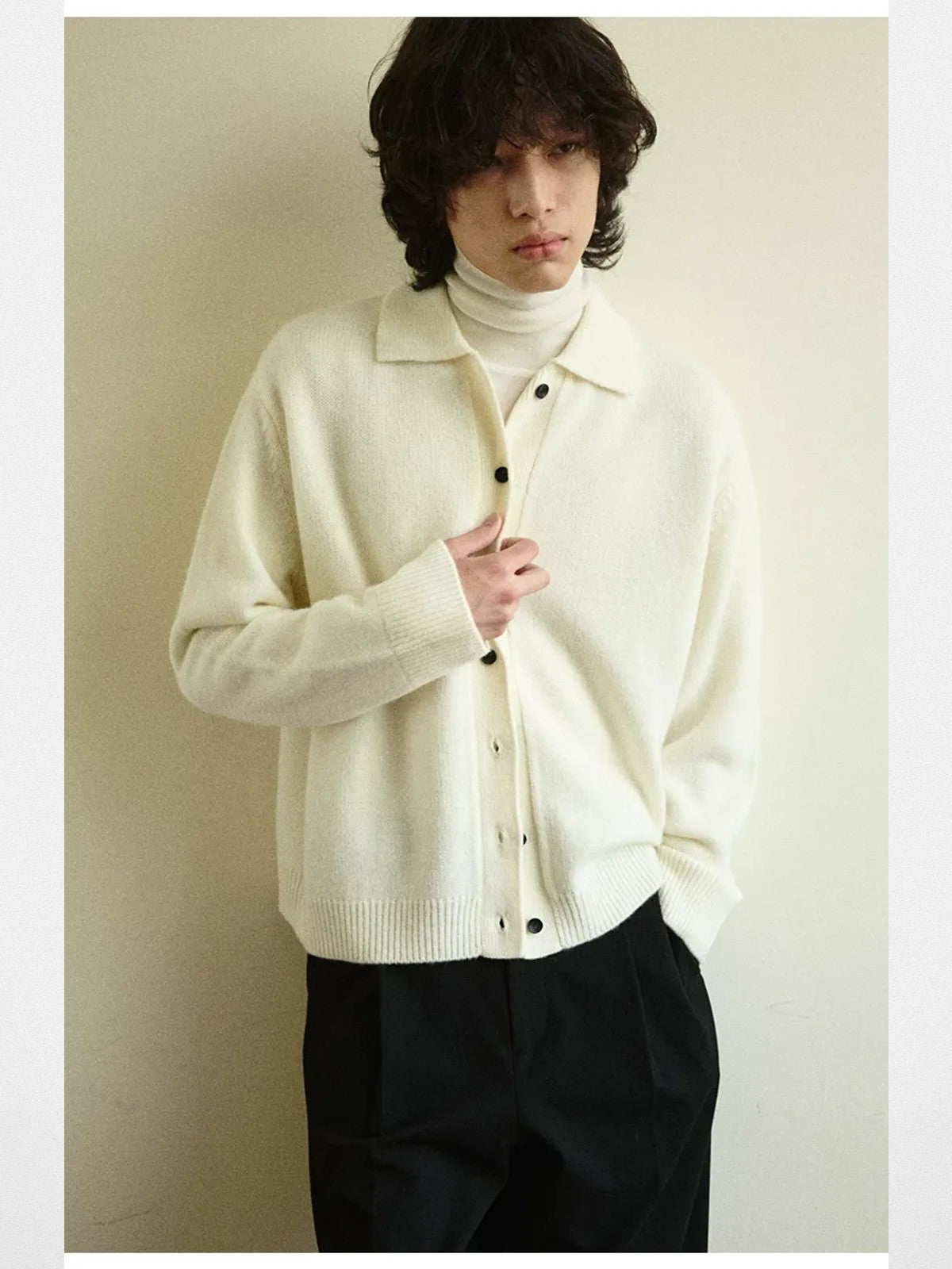 NANS Merino Wool Cashmere Cardigan in White - On Model