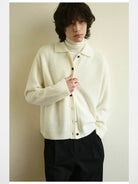 NANS Merino Wool Cashmere Cardigan in White - On Model