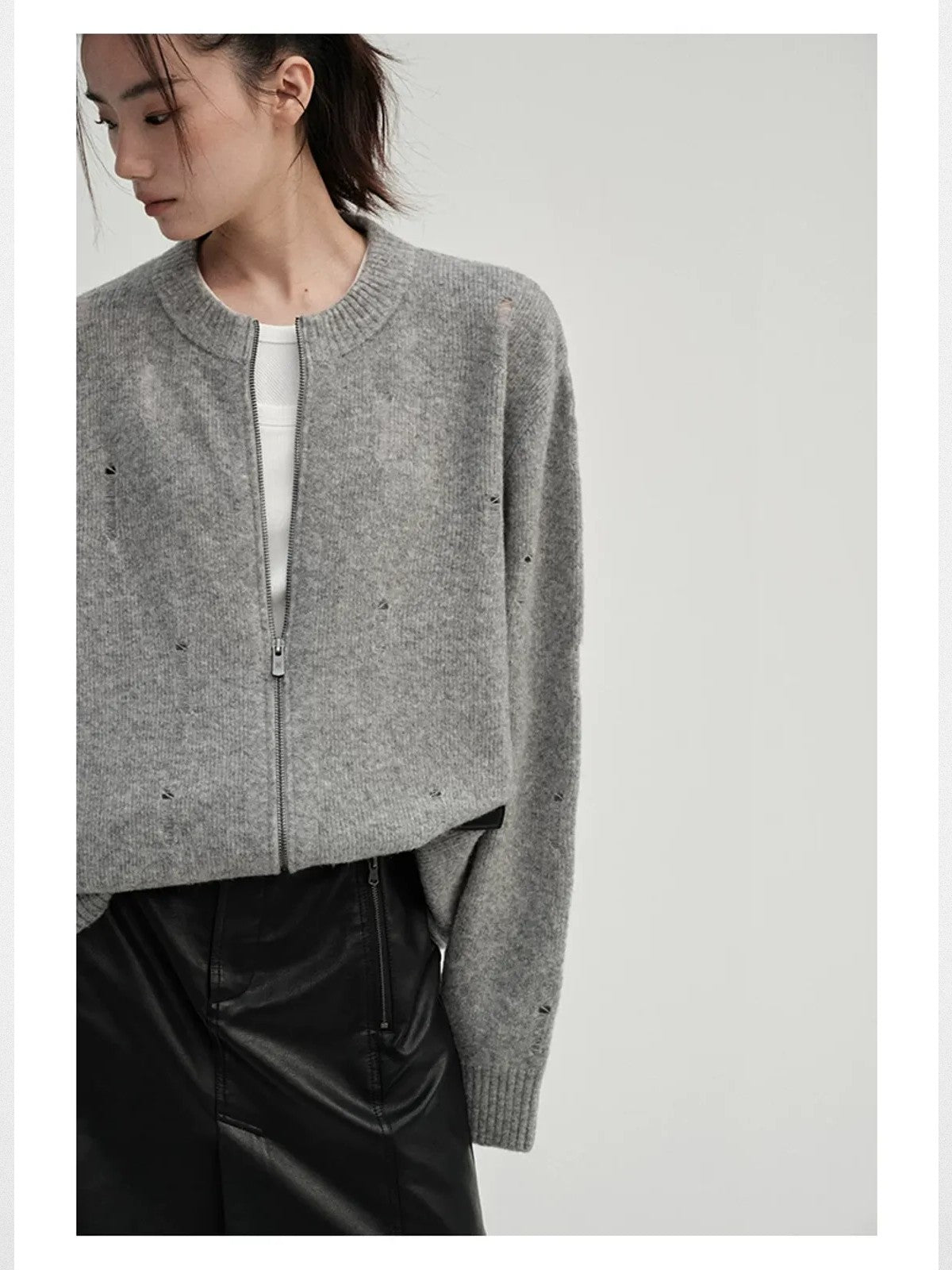 NANS Distressed Yak Wool Zip Cardigan in Gray - On Model