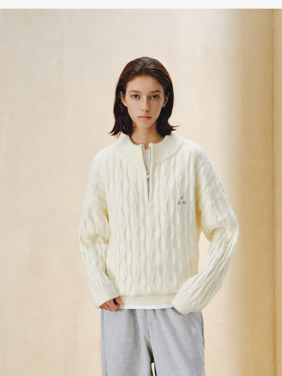 FPA Half Zip Cable Knit Pullover in Cream - On Model