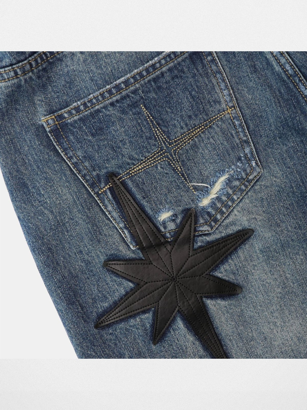 BADSEED Distressed Denim Bermuda Shorts in Medium Blue - Detail