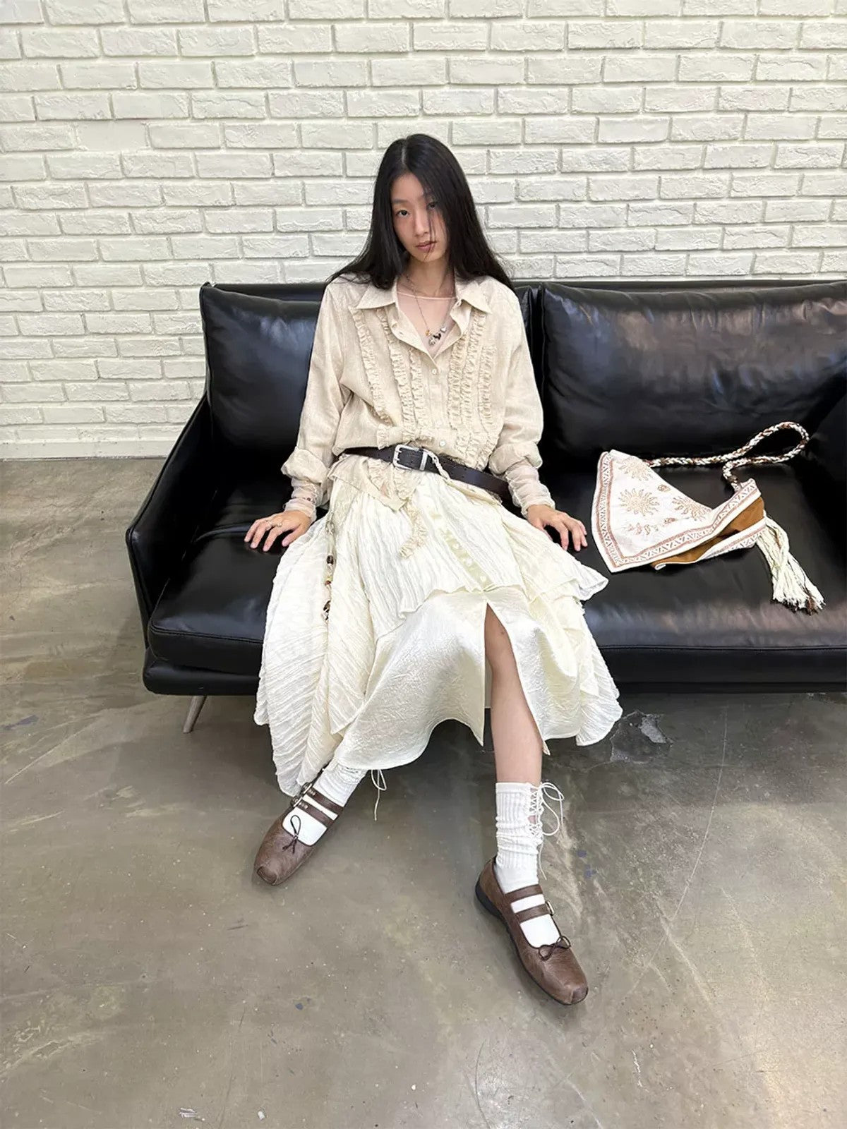 NeverSeez Lyocell Linen Fringe Shirt in Gray - On Model