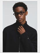 NANS Ribbed Merino Wool Zip Cardigan in Black - On Model