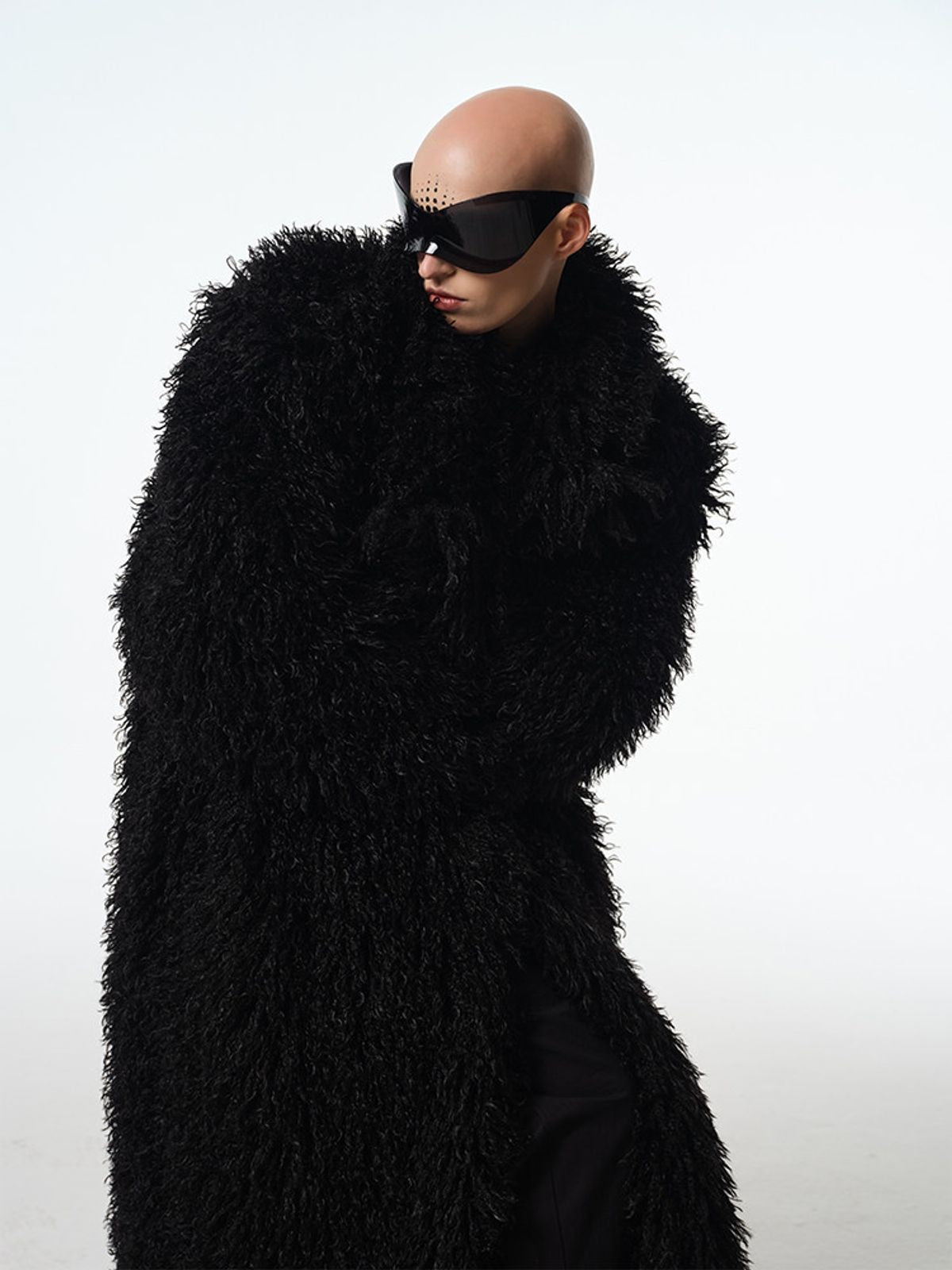 Triangle Project Oversized Long Pile Faux Fur Coat in Black - On Model