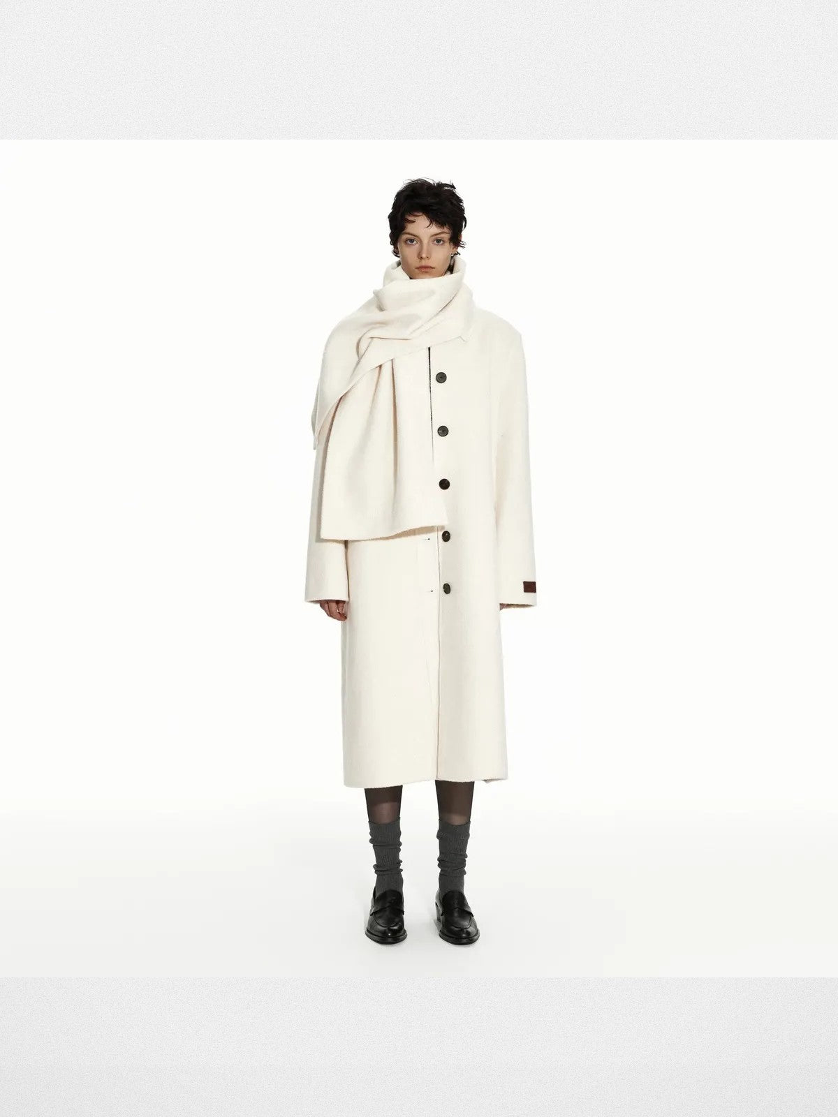 PUKI Double Faced Wool Scarf Coat in White - On Model